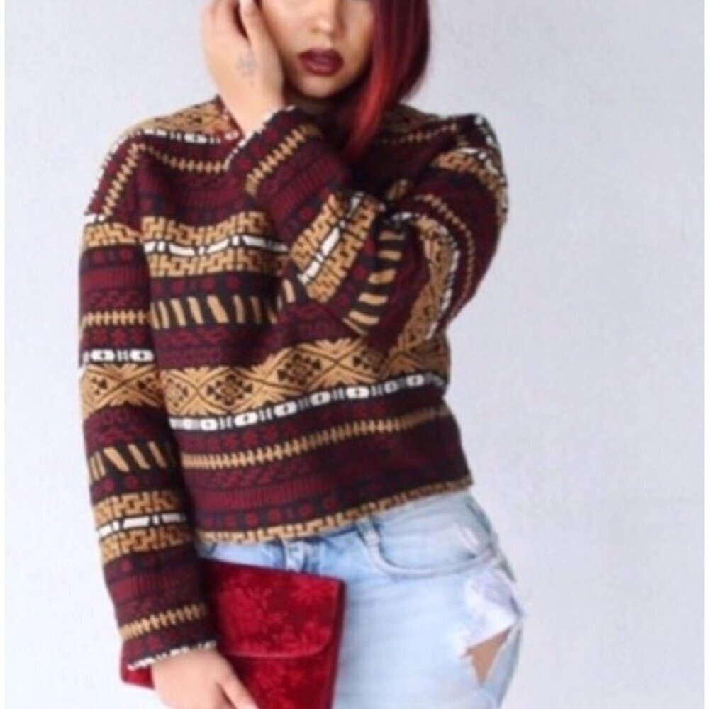 Zara Moroccan Tribal Print Sweater Womens M 3D Brocade‎ Rope Knit Unique Boxy